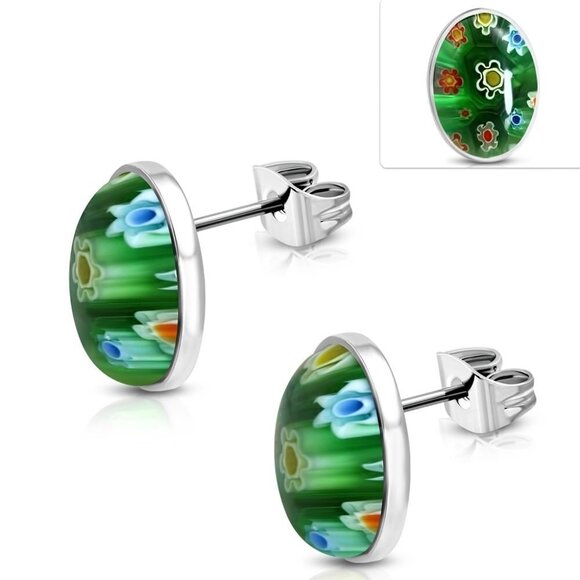 🎉5 For $15🎉STAINLESS Steel Colorful Glass Flower Oval Stud Earrings - Picture 1 of 1